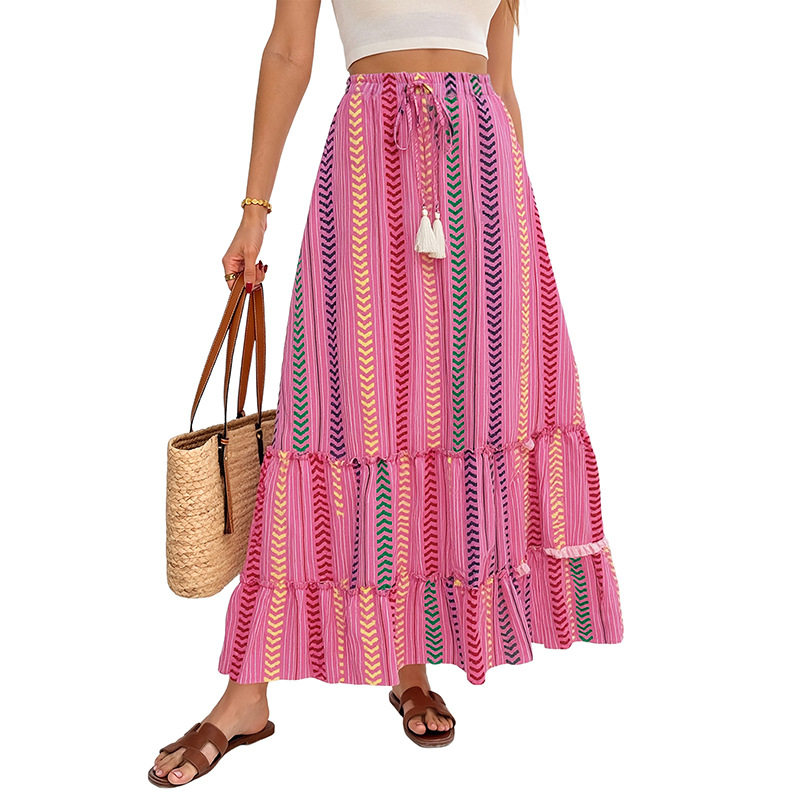 Bohemian Striped Print Skirt Summer Vacation Style Drawstring Tassel Details Lightweight Fabric Wholesale Available