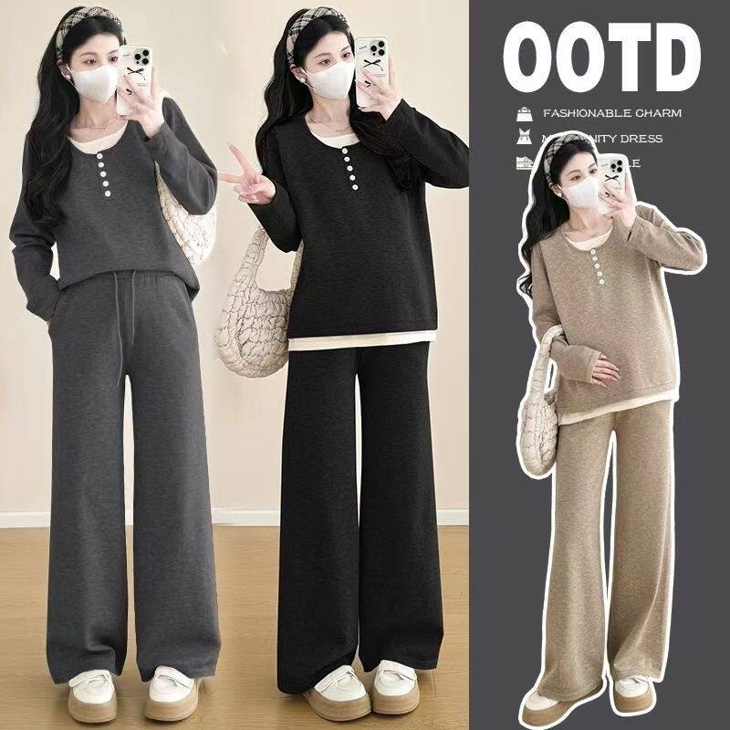 Maternity Wear 2025 New Autumn Fake Two-Piece Flesh-Covering Fashionable Casual Spring Autumn Winter Long-Sleeved Slimming Look Pants Suit