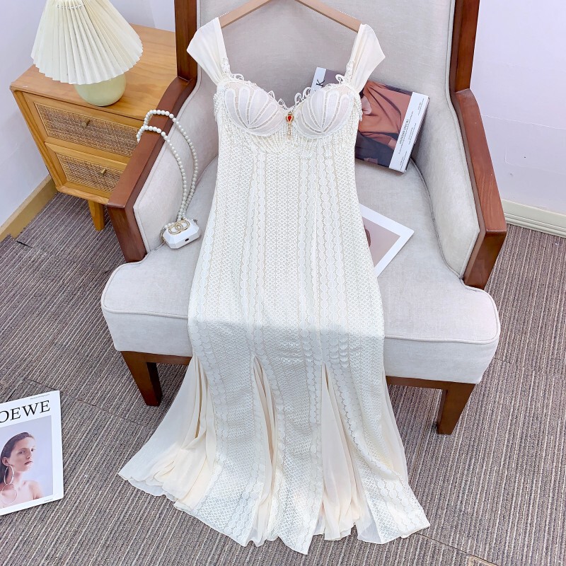 Đầm dây ôm body phối ren gợi cảm dáng cá tính — Màu trắng kiểu ngắn, Màu trắng dáng dài