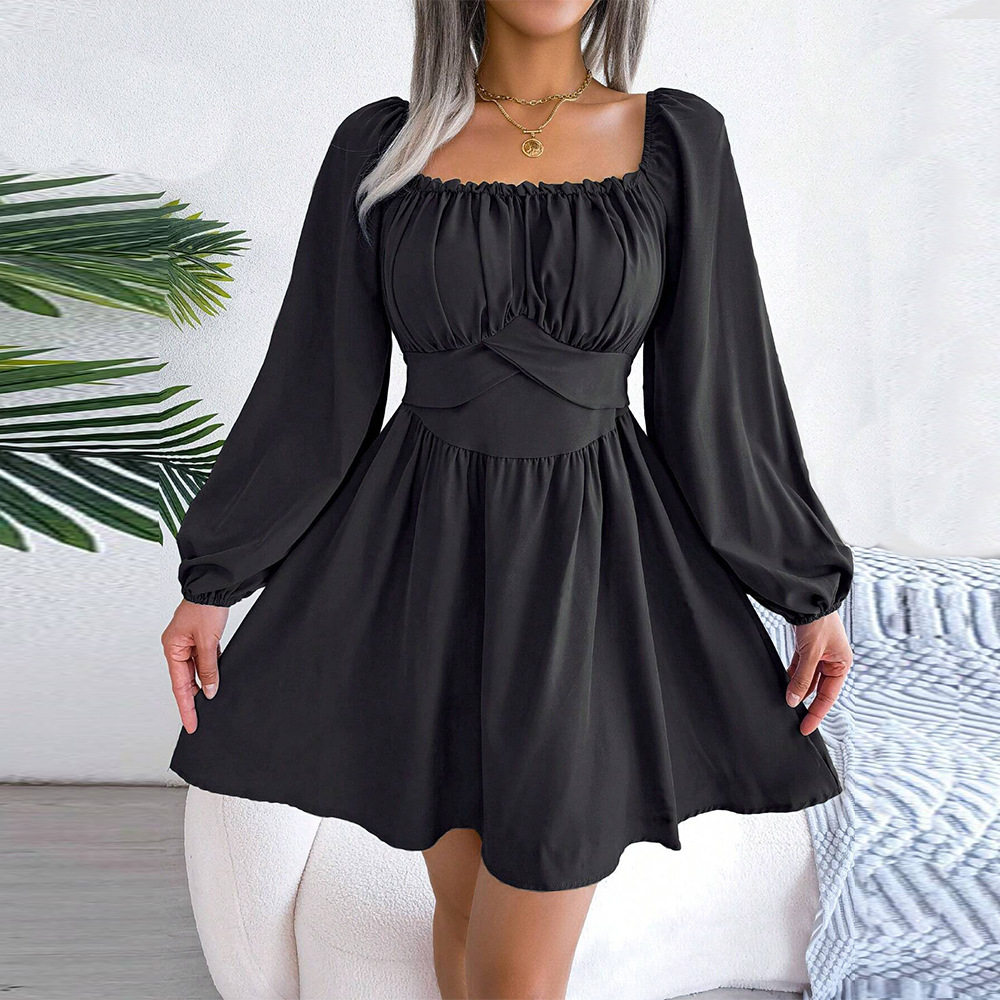 French Style Womens Dress Square Neck Pleated Waist Defining Slim Fit Autumn Winter Casual Wear Wholesale