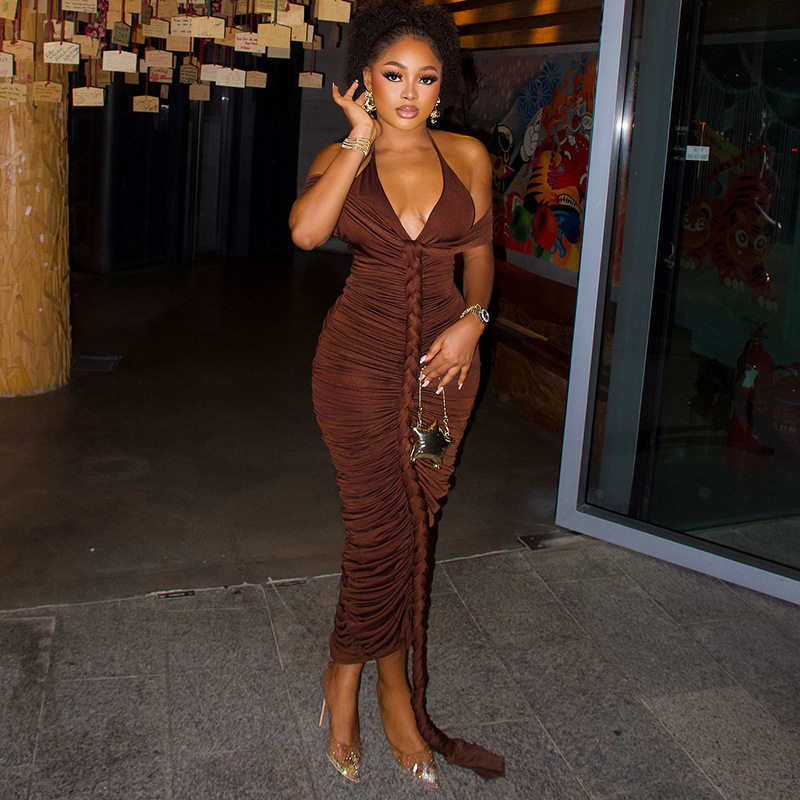 Casual V Neck Long Dress Solid Color Bodycon Fit Ruched Design Unique Style Perfect for Parties or Everyday Wear