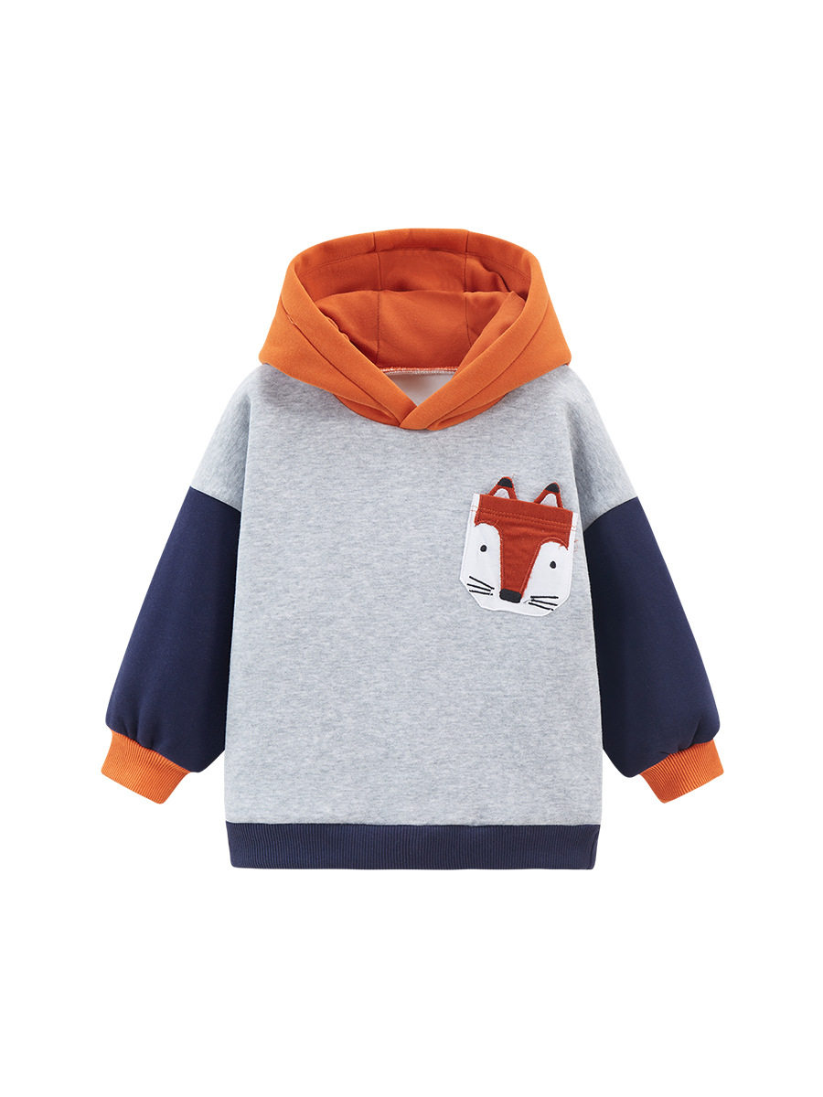 Kids' New Autumn & Winter Fleece-Lined Long-Sleeve Hoodie, Cartoon Color-Block Pullover