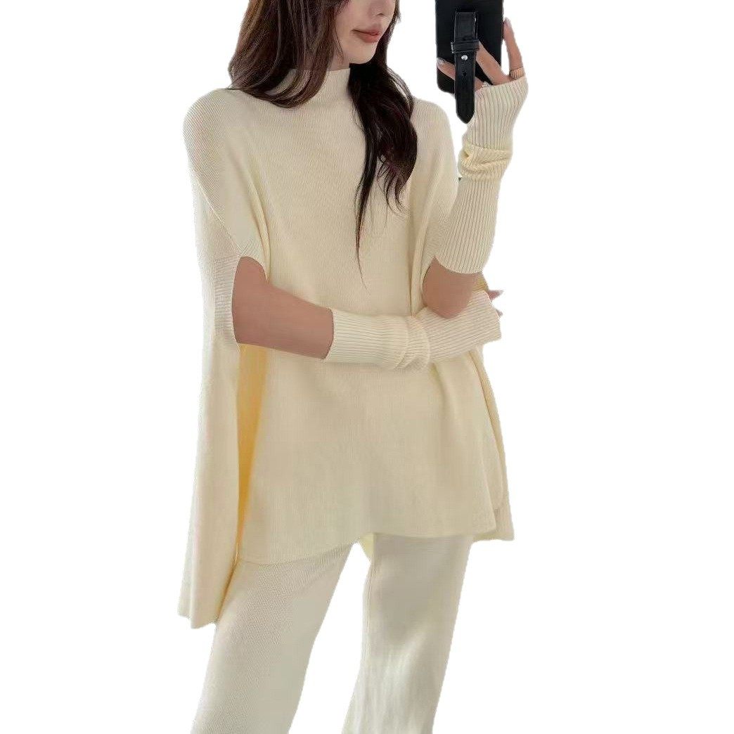 Fashionable Sweater Suit Korean Style Autumn and Winter New Knitted Wide-Leg Pants + Half Turtleneck Top + Vest Three-Piece Set