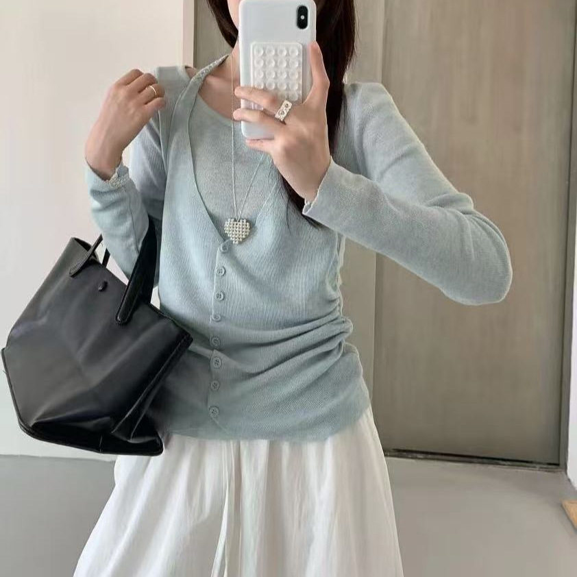 挂脖拼接长袖针织衫假两件上衣2026春季新款高级感巨好看t恤女装