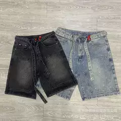 2025 New Simple Trendy American Paris Style Washed Ripped Raw Edge Three-Stripe Denim Shorts for Men and Women