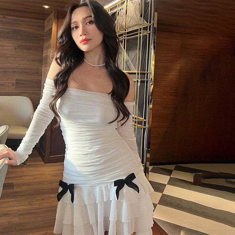 Off Shoulder Ruffled Long Sleeve Dress Sexy Pleated Elegant Autumn Fashion for Women Wholesale Available