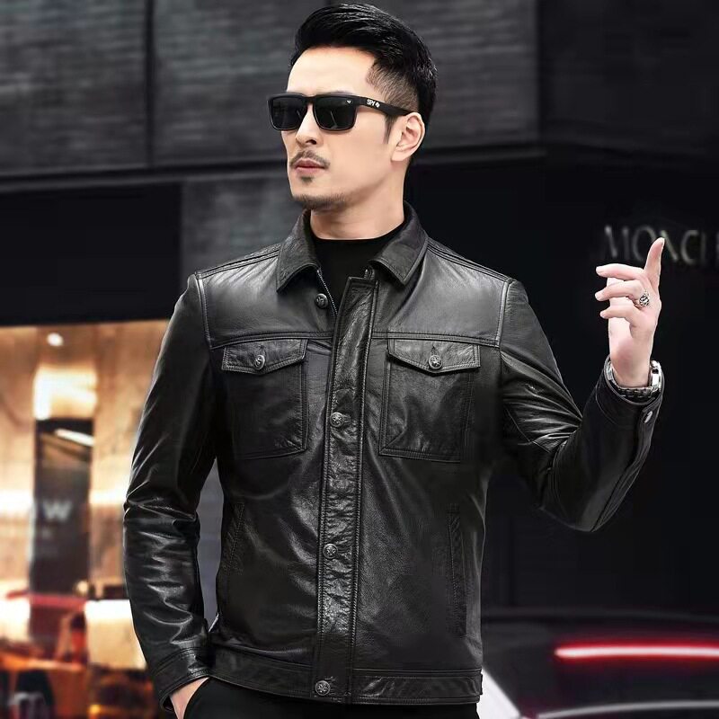 Áo Khoác Da Nam Dầu Sáp Da Bò Lớp Đầu Lót Lông Cừu Cổ Lông Cừu Non Tháo Rời Mùa Đông Dày Dặn Màu Đen