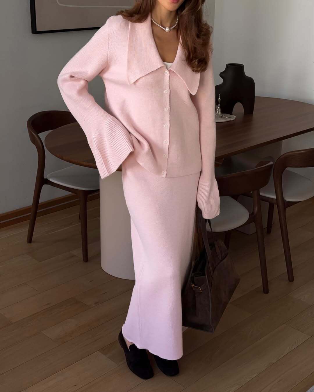 Womens Autumn Winter Solid Color Polo Cardigan and Flared Sleeve Sweater Set Elegant Knit Design Perfect for Casual or