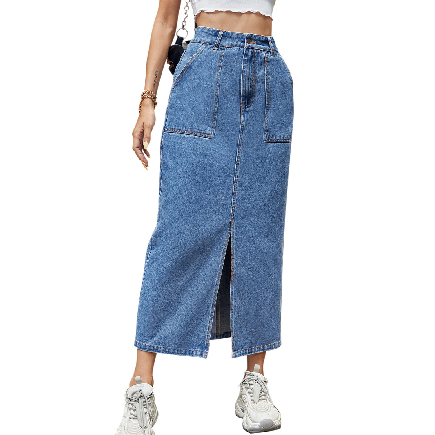 A Line Split Hem Denim Skirt Elegant Design High Waist Comfortable Fit Casual Wear Spring Summer Wholesale