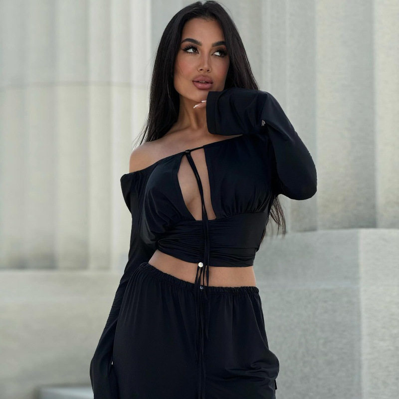 Womens Long Sleeve Off Shoulder Crop Top Solid Color Hollow Out Lace Up Design Trendy Autumn Fashion Wholesale
