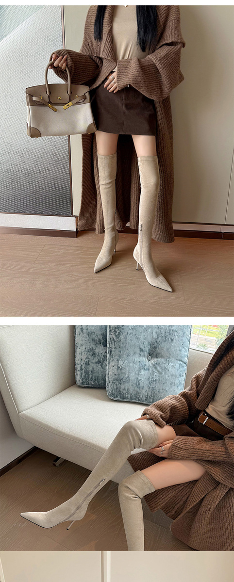 Boot nữ cổ cao qua gối gót nhọn cao 9cm chất liệu da lộn co giãn — Lớp lót đơn kaki ống ngắn, Lớp lót đơn màu đen ống ngắn, Lớp lót nhung đen ngắn, Lớp lót nhung kaki ngắn
