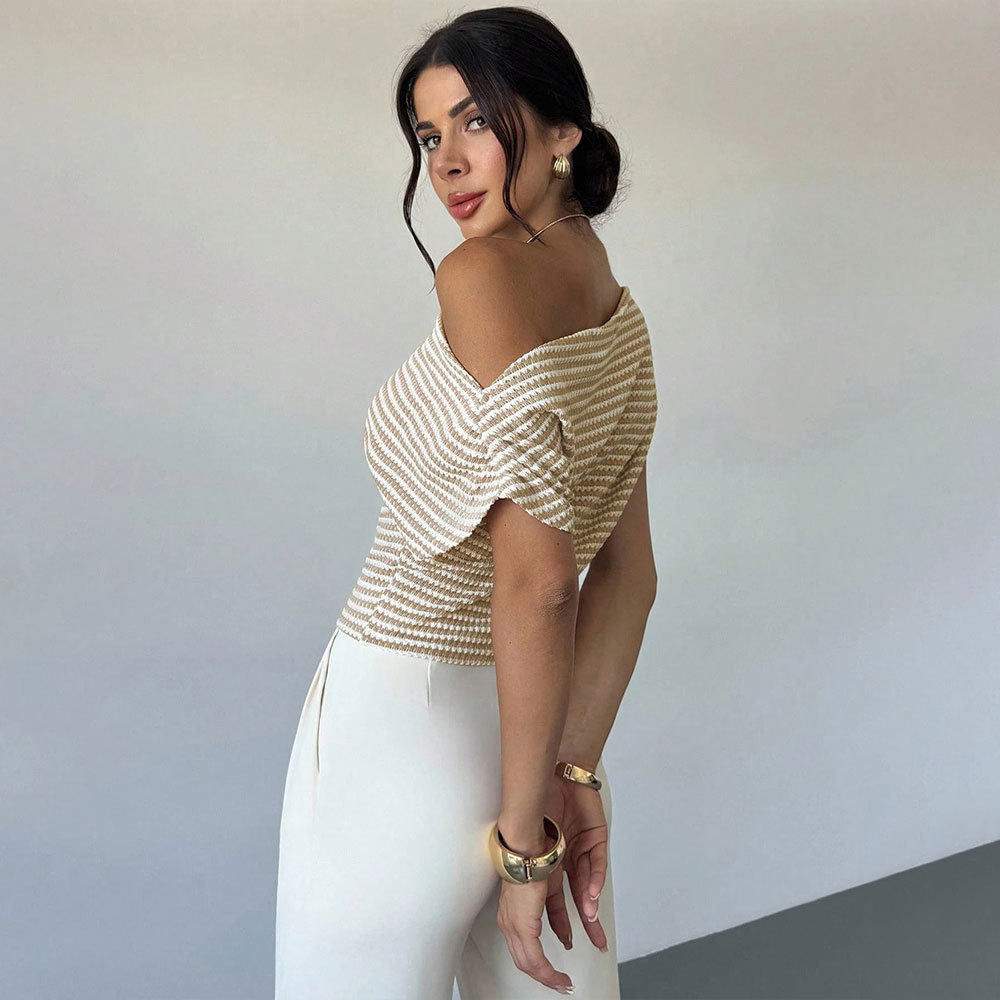 Summer Striped Short Sleeve Top One Shoulder Design Fitted Waist Versatile Knit Casual Office Wear Wholesale