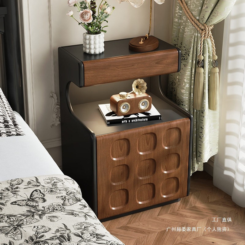 Solid Wood Mid-Century Style Bedside Table Safe Integrated Storage Cabinet Bedroom Simple Modern Bedside Cabinet with Password Lock