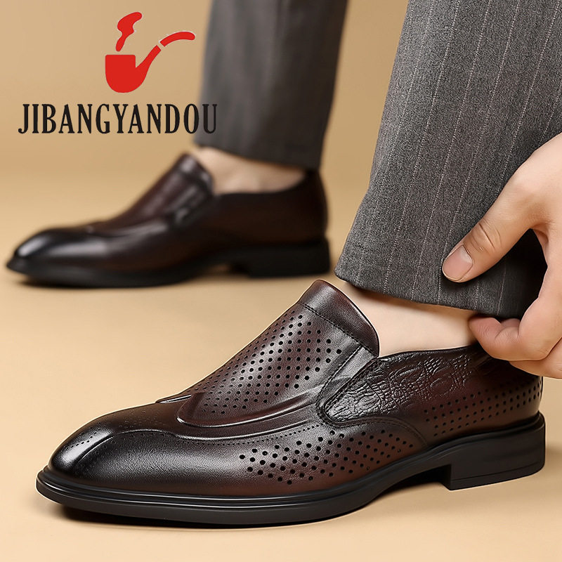 Giày Lười Nam Da Bò Đục Lỗ Thoáng Khí Chiều Cao Đế Khoảng 2cm Màu Đen, Nâu