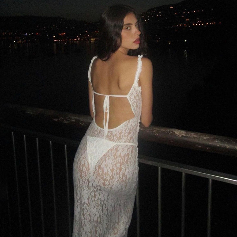 Lace Cami Dress Sheer Backless Split Hem Ruffled Edges Evening Wear Party Dress Wholesale Available
