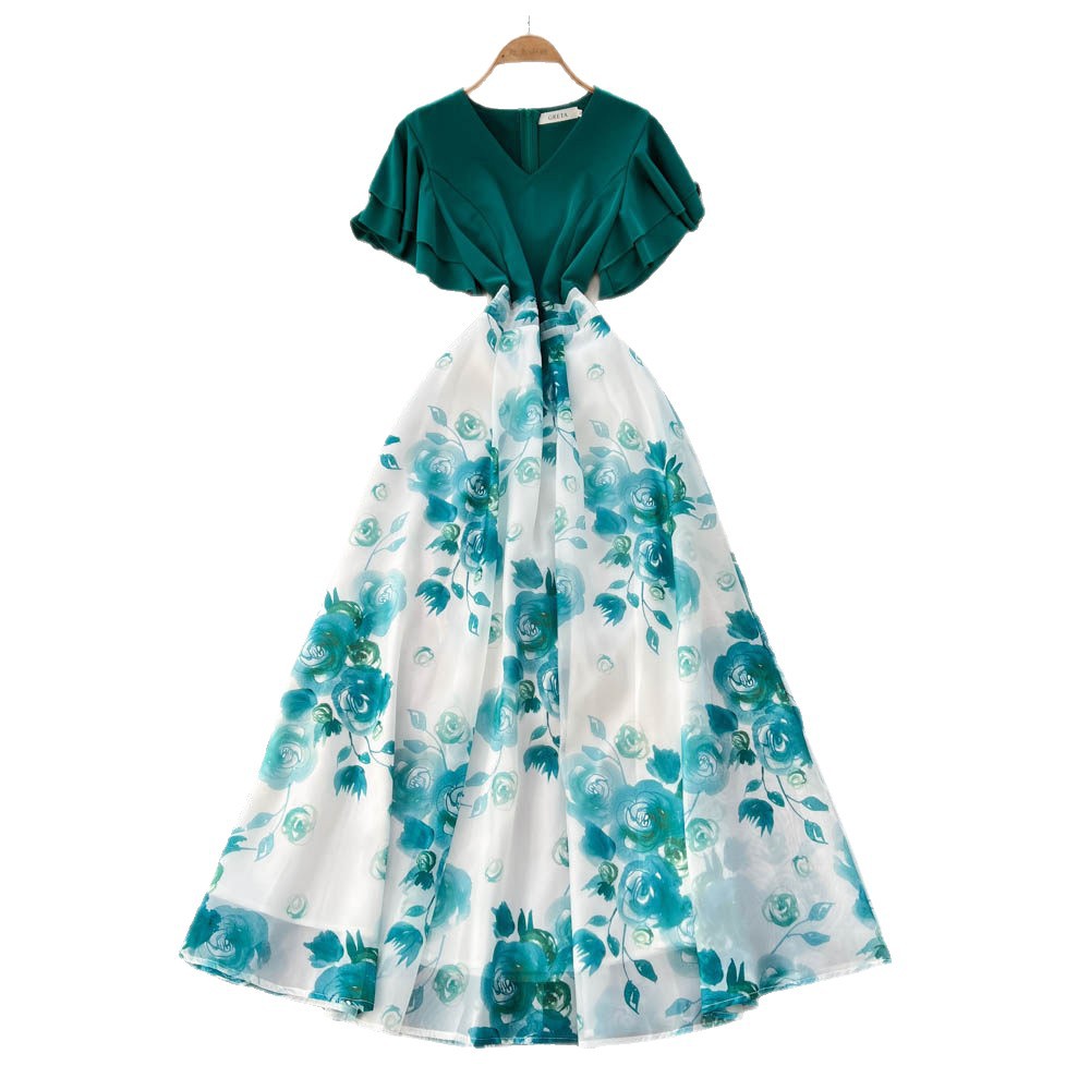 French Style V Neck Ruffle Sleeve Color Block Printed Maxi Dress for Women Summer Fashion Slim Fit Elegant Design