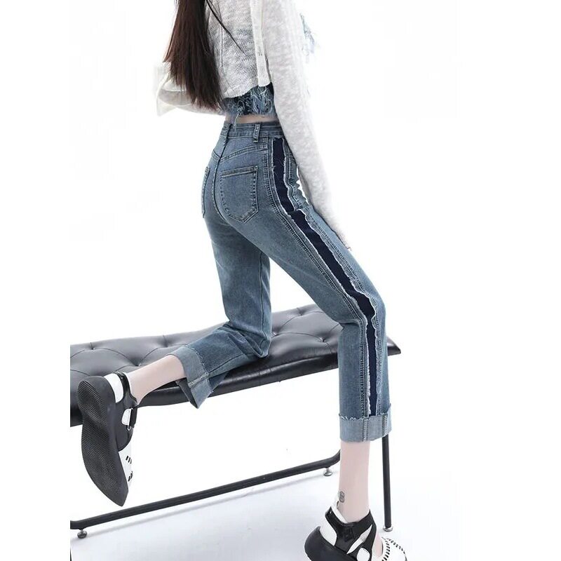 High Waisted Straight Leg Jeans for Women Color Block Design Cropped Length Summer Style Wholesale Available