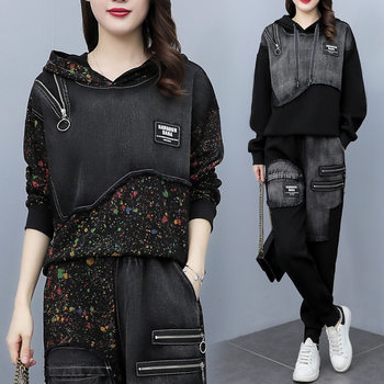 European station 2023 Spring and Autumn New Fashion suit women's stitching denim hooded sweater pants two-piece fashion brand