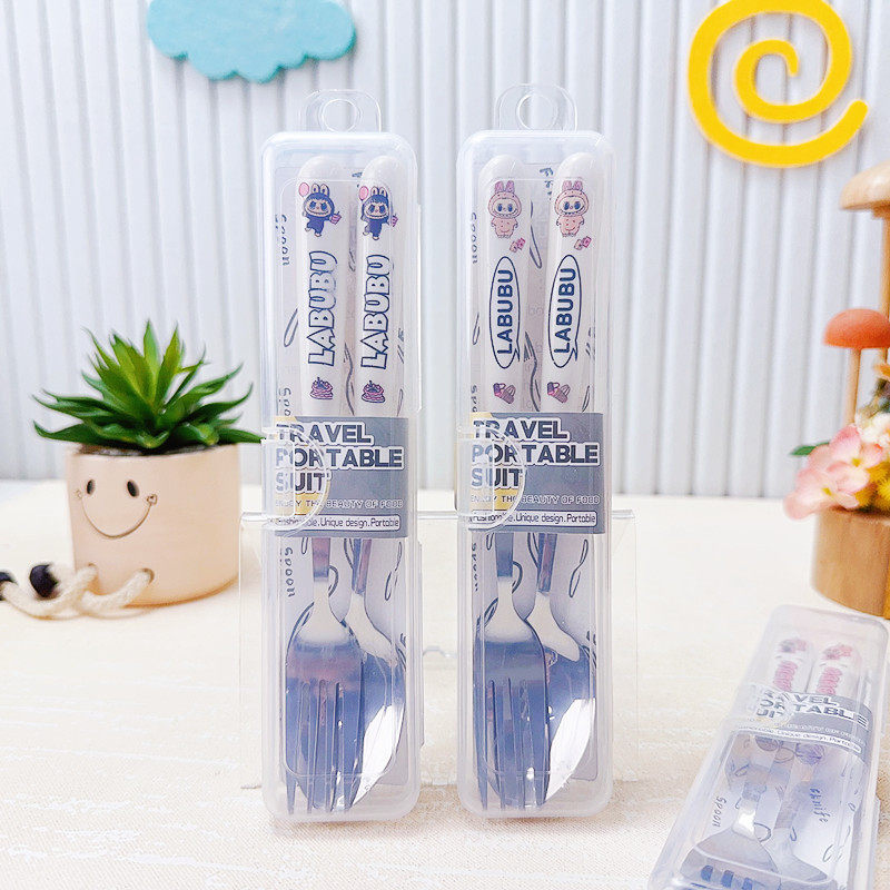 Cartoon portable tableware box suit two-piece stainless steel fork spoon cloth cloth children's tableware combination