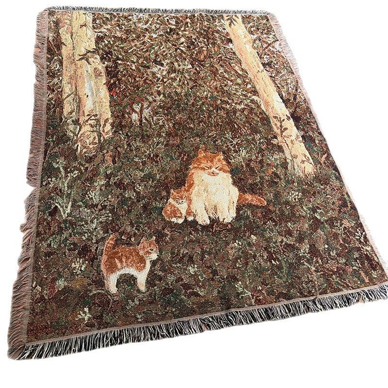 Retro Oil Painting Style Cartoon Cat Blanket Jacquard Knitted Cotton Thread Blanket Sofa Blanket Single Cover Blanket Wall Tapestry