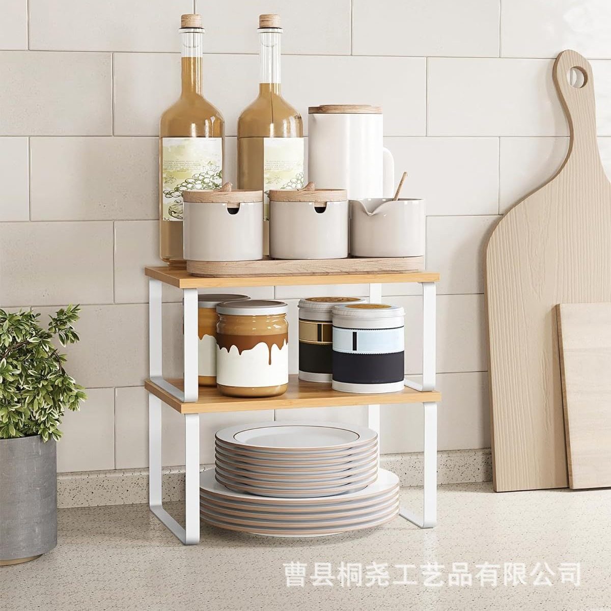 in stock wrought iron kitchen rack condiment bowl storage rack two-layer stackable wooden storage rack manufacturers