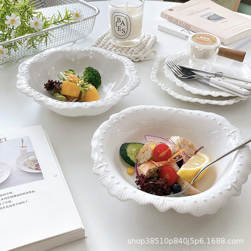 Ins French Embossed Lace Special-Shaped Salad Bowl Pure White Ceramic Soup Bowl High-End Western Restaurant Vegetable and Fruit Bowl