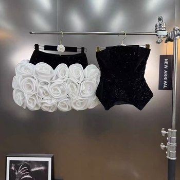 2025 New Autumn and Winter Braided Waistband Tube Top with Large Flower Stereo Contrasting Skirt French Style Two-Piece Set