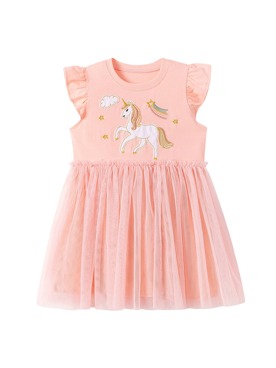 Girls' Short-sleeve Tulle Skirt, Summer Cute Baby Princess Dress, Cartoon Kids' Dress