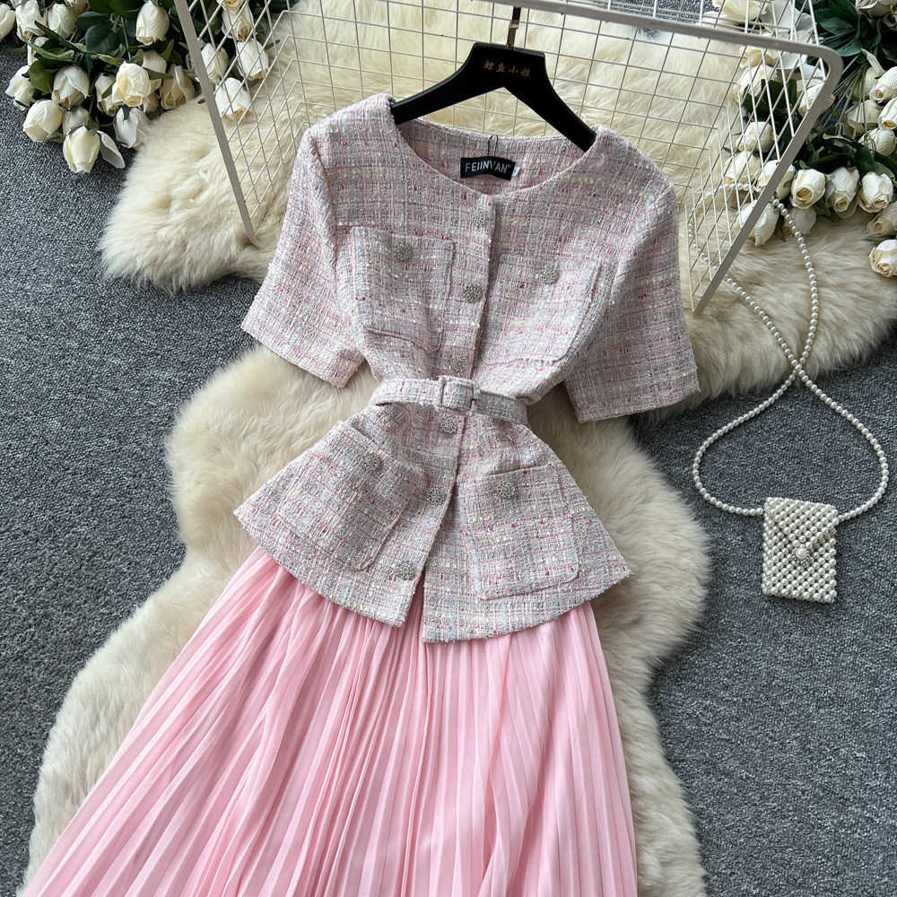Chic Sequin Pleated A Line Dress Round Neck Waist Defining Summer Style Elegant for Work or Casual Events Wholesale