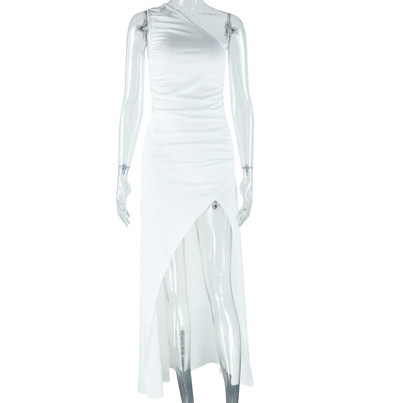 Fashionable Solid Color Long Dress Asymmetrical Neckline Sleeveless Side Slit Casual Wear Summer Events Wholesale