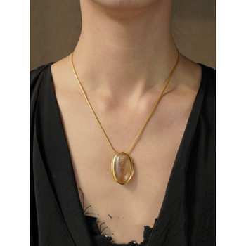 Vintage Transparent Oval Natural Hair Crystal Gold Necklace Niche Design Light Luxury High Sense Long Woolen Chain