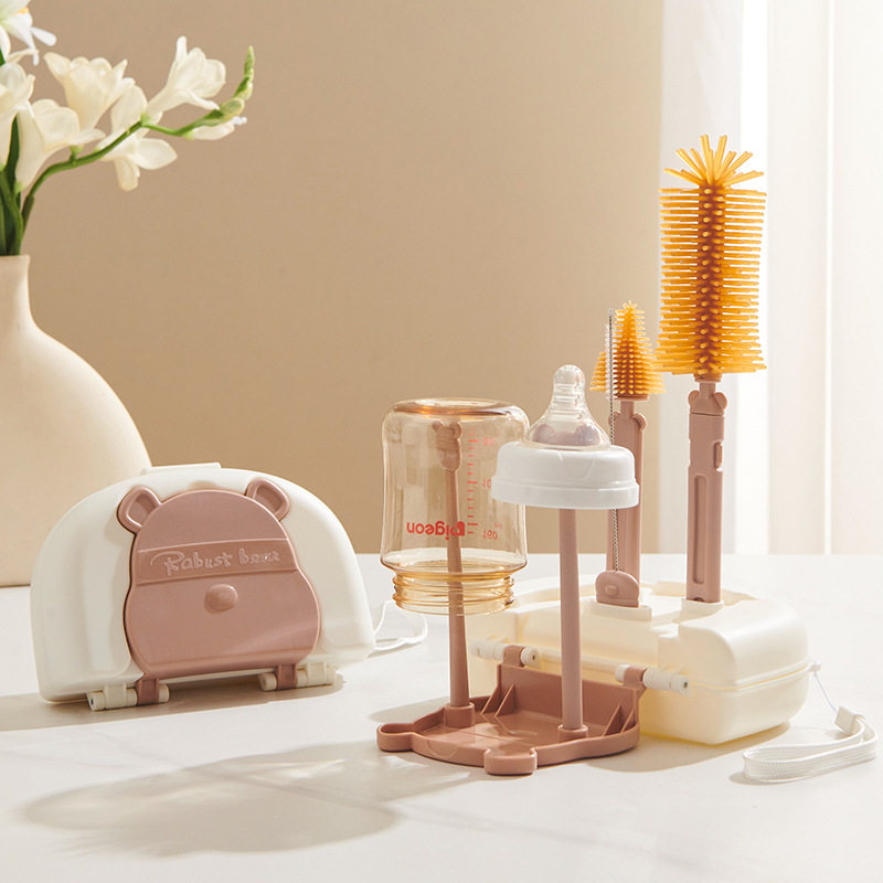 Baby Cleaning Brush suit Children's Suction Brush Cup Brush Draining Rack with Storage Box Baby Silicone Bottle Brush