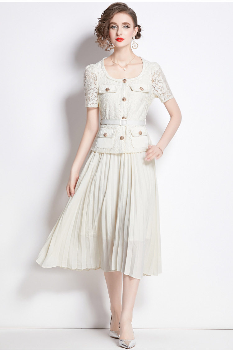 French Style Elegant Womens Dress High End Lace Trimmed Pleated Long Skirt Perfect for Formal Events Wholesale