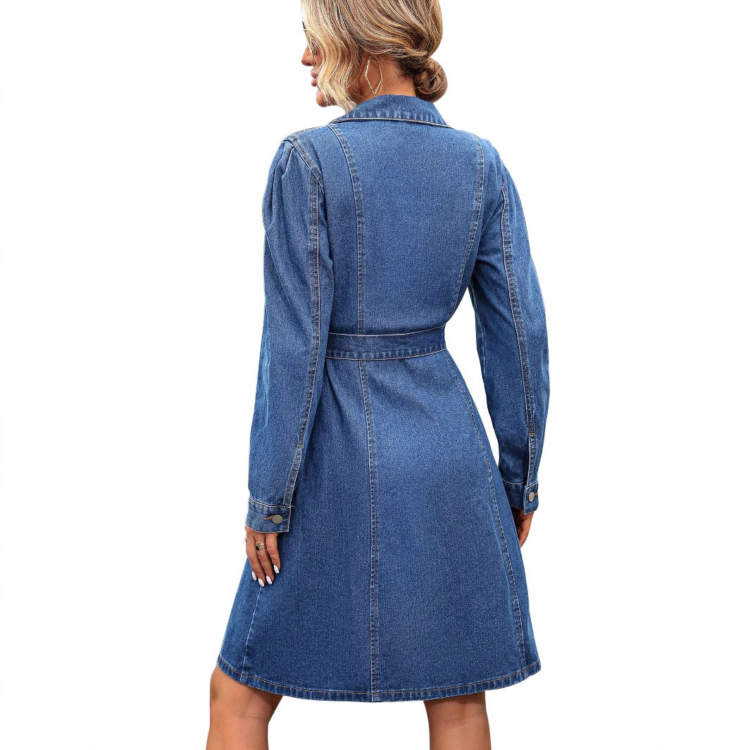 Vintage Slim Fit Long Sleeve Denim Dress for Women Waist Defining Elegant Style Perfect for Casual Outings Wholesale