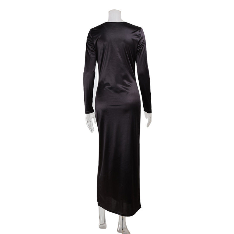 Elegant Solid Color Long Sleeve V Neck Satin Evening Dress Autumn Fashion Perfect for Formal Events Wholesale Available