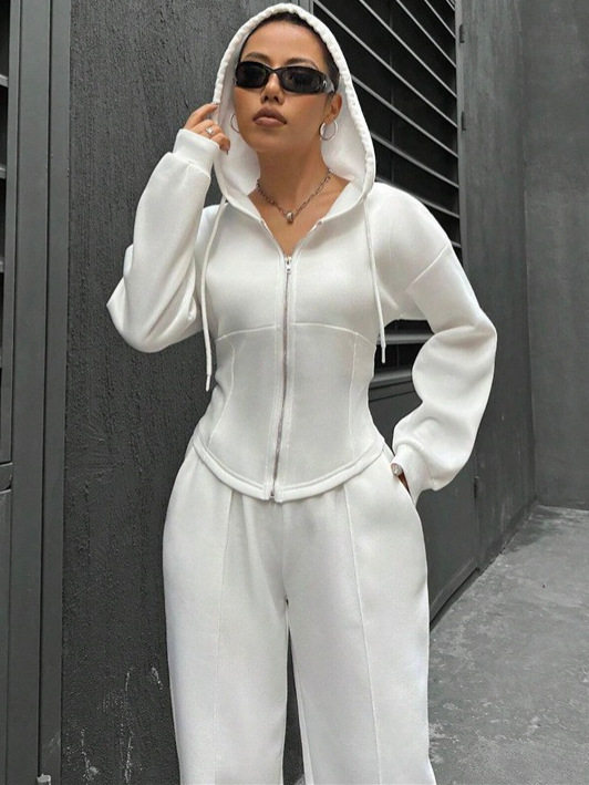 European and American Amazon Cross-Border Independent Station 2025 Autumn and Winter Fleece Hooded Cardigan Slim Sweatshirt Wide-Leg Pants Two-Piece Set