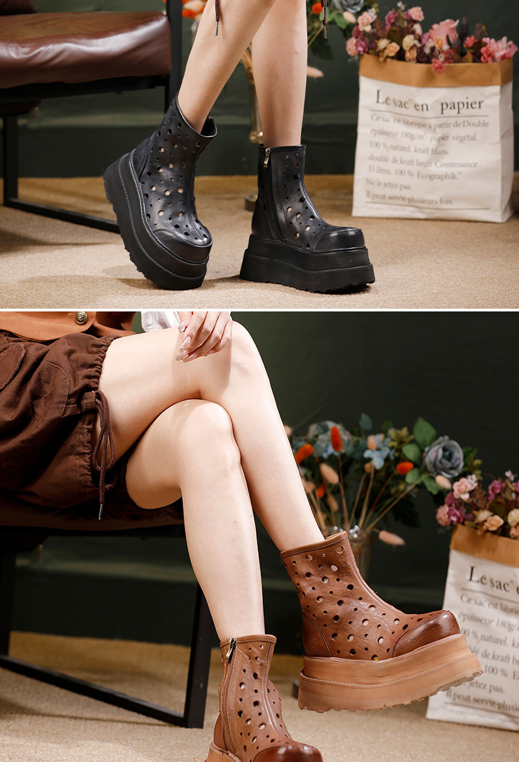 Giày sandal nữ da bò thật đế dày mũi tròn khoét lỗ phong cách retro — màu đen, Màu nâu