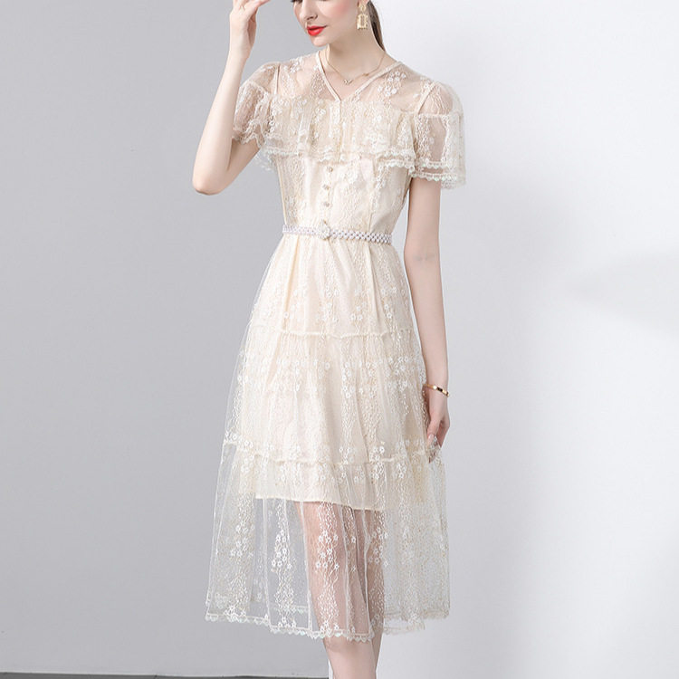French High End Womens Dress Summer Design Lace Ruffle Trim Waist Defined Elegant Evening Gown Wholesale