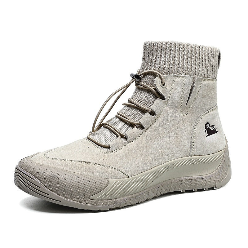 Giày Boot Nữ Da Thật Cổ Cao Chiều Cao Đế Khoảng 3cm Màu Kem