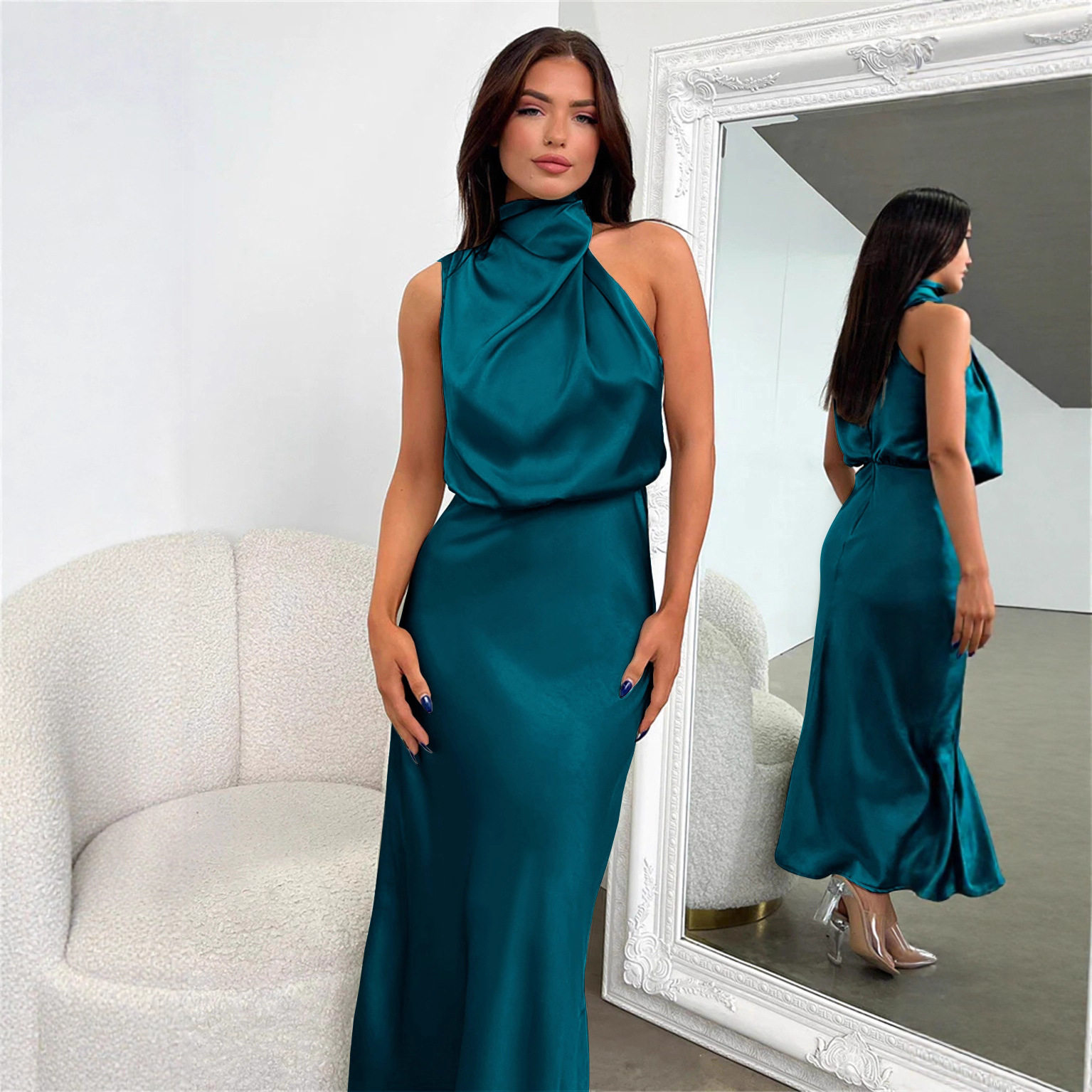 2026春夏热卖醋酸缎面连衣裙欧美敬酒伴娘服优雅名媛无袖晚礼服女