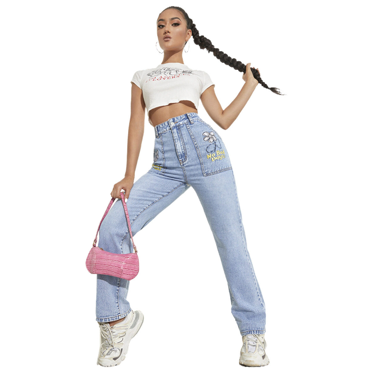 High Waisted Wide Leg Stretch Denim Pants Slim Fit Color Block Design Spring Fall Fashion Wholesale Available