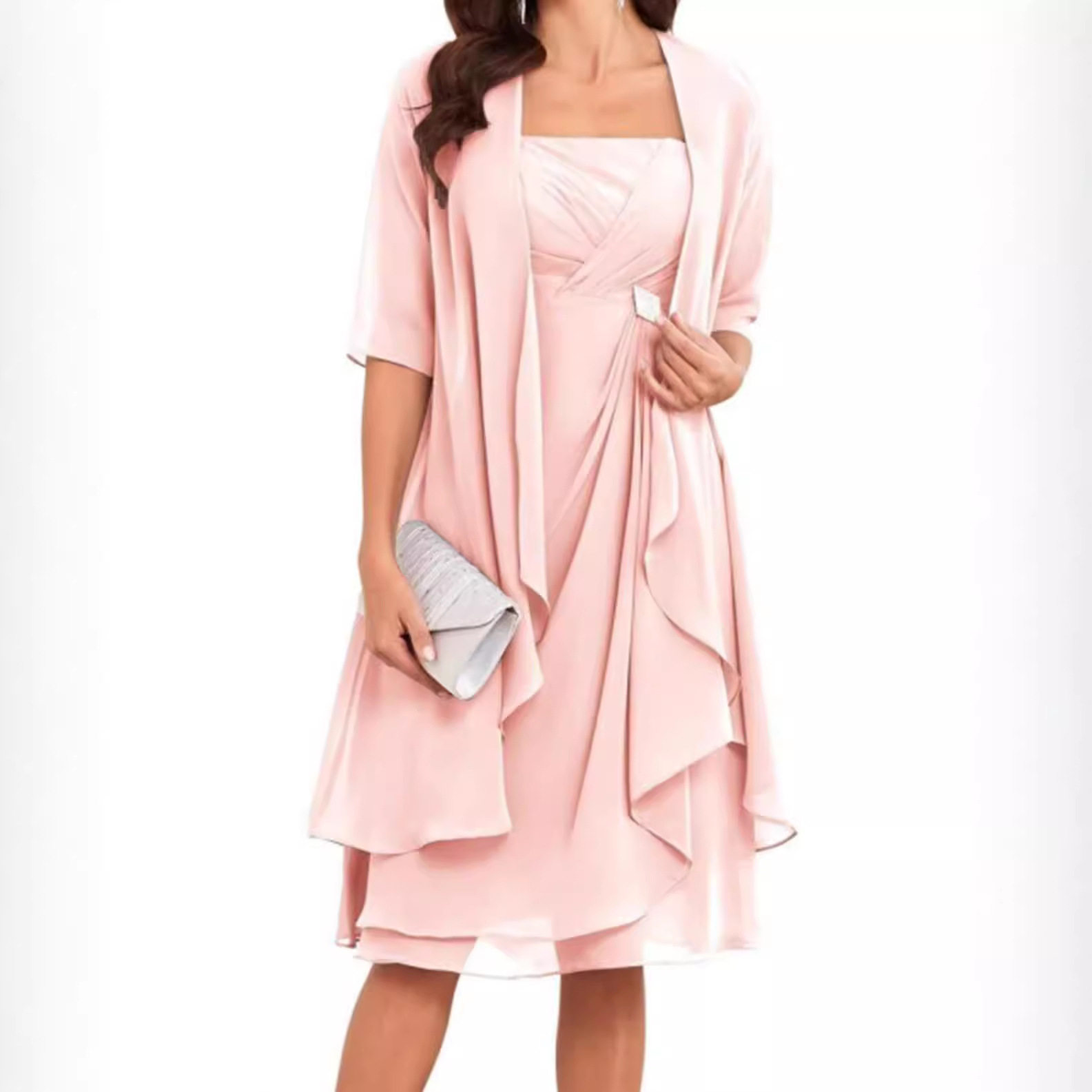 Chiffon Long Sleeve Dress with Rhinestones Elegant Two Piece Set Spring Autumn Office Wear