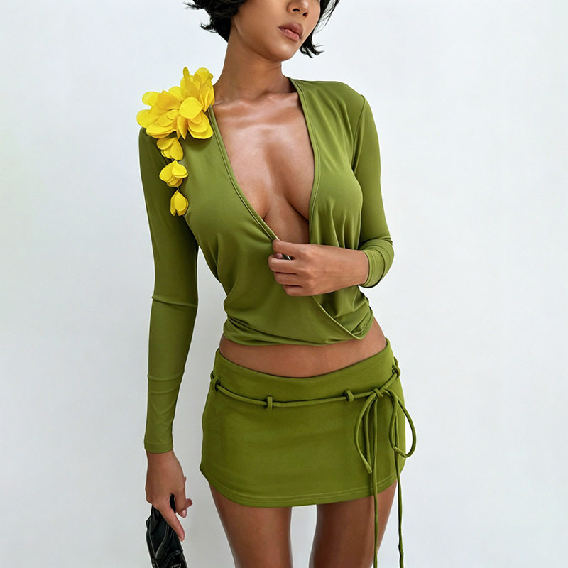 Summer Womens Two Piece Set Deep V Neck Long Sleeve Top Solid Color Low Waist Skirt Casual Wear Wholesale Available