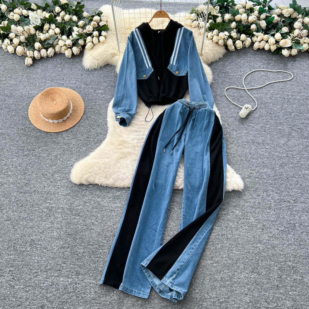 Womens Vintage Loose Fit Denim Hoodie and High Waisted Wide Leg Pants Set Casual Style for Fall Winter Wholesale