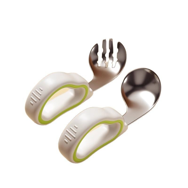 Baby's Self-feeding One-year-old Supplementary Food Spoon Learning to Eat Training Children's Silicone Stainless Steel Fork Spoon Baby's Short Handle