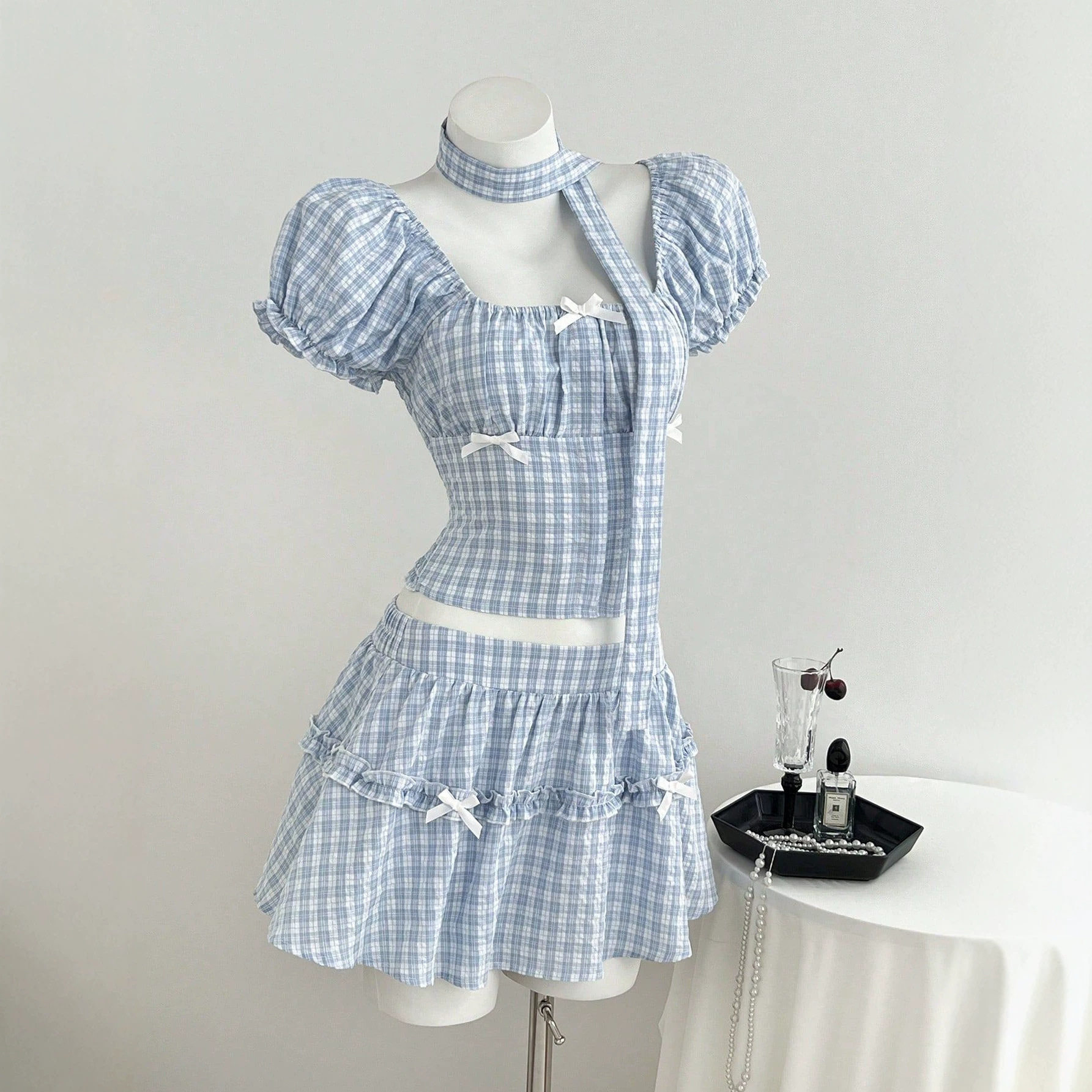 Summer Womens Plaid Puff Sleeve Shirt and A Line Skirt Set Casual Style Lightweight Fabric Perfect for Warm Weather