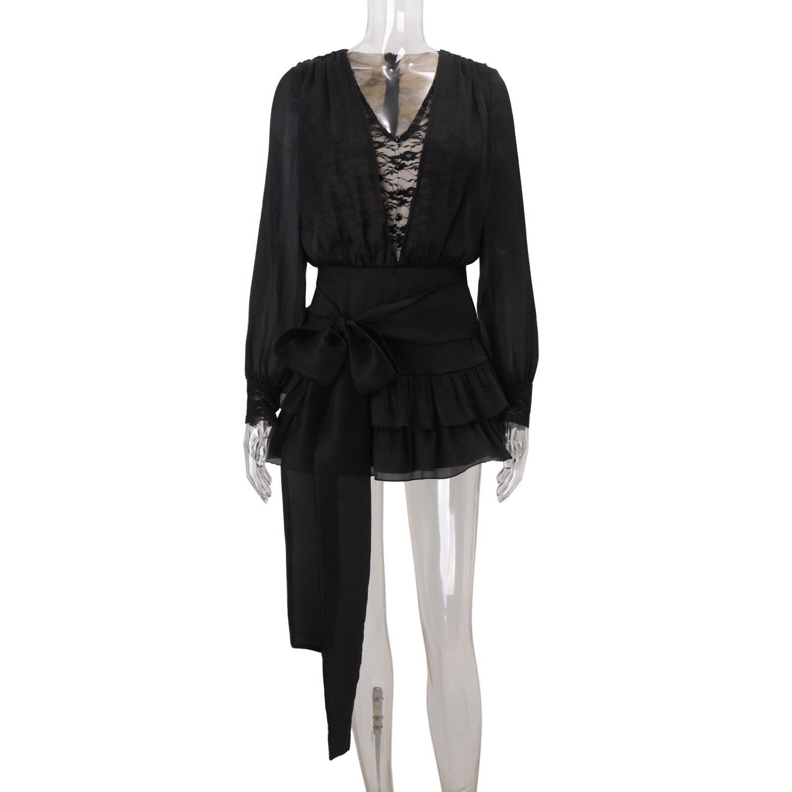 French Style Lace Trimmed Mini Dress Sexy V Neck Long Sleeve Elegant Design Perfect for Autumn Events Wholesale