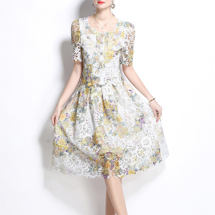 Chic Two Piece Set Elegant Sheer Lace Top with Short Sleeves Flattering Skirt Perfect for Summer Events Wholesale