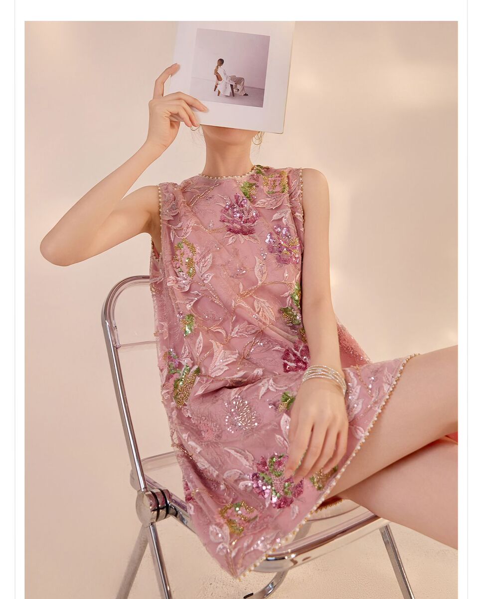 Đầm liền thêu cao cấp không tay dáng chữ A phối sequin lấp lánh — Bột Begonia (giao hàng trong 7 ngày), Bột Begonia (phát hành trong cùng ngày)