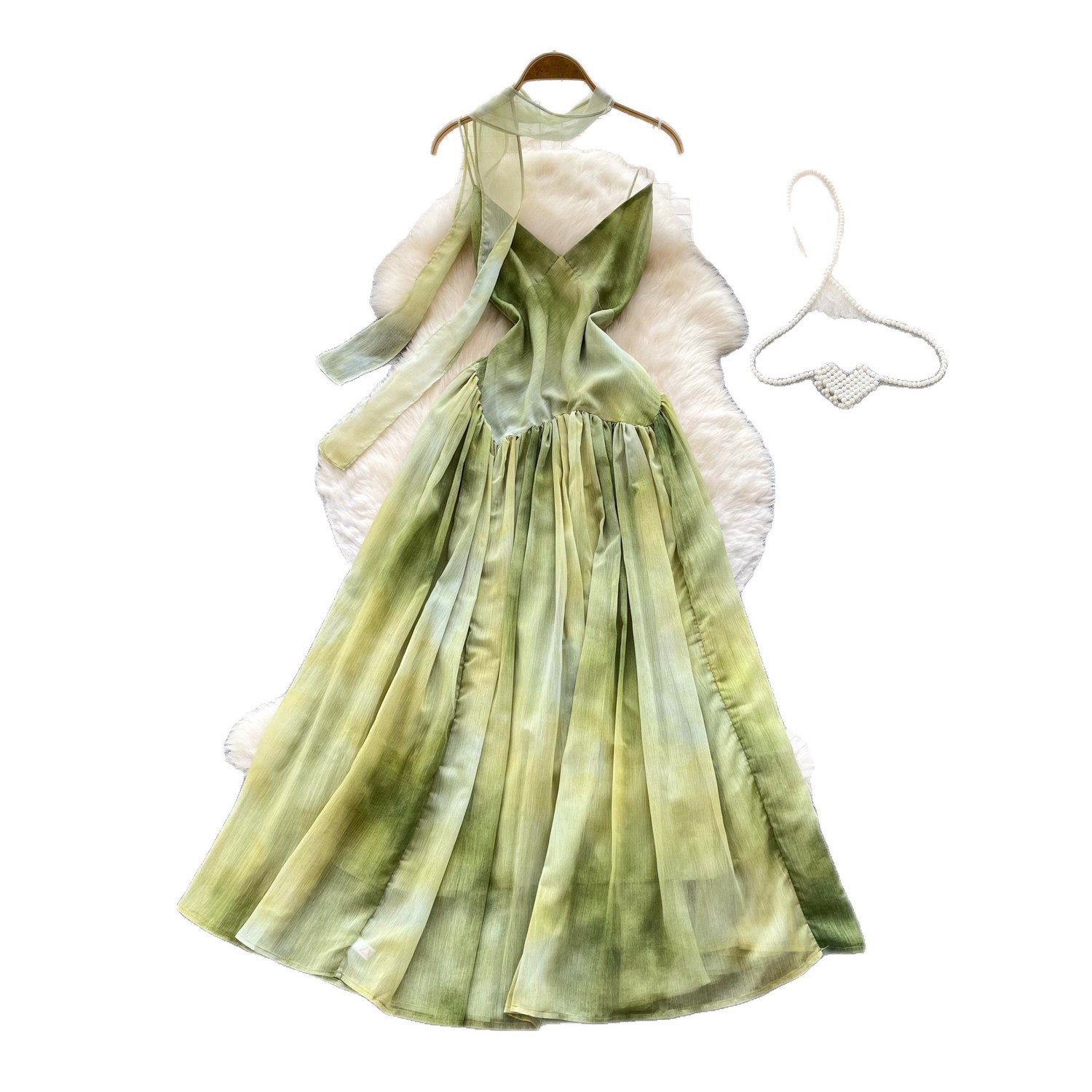 French Vacation Style Green Tie Dye Maxi Dress for Women V Neck Sleeveless A Line Waist Defined Summer Casual Wear